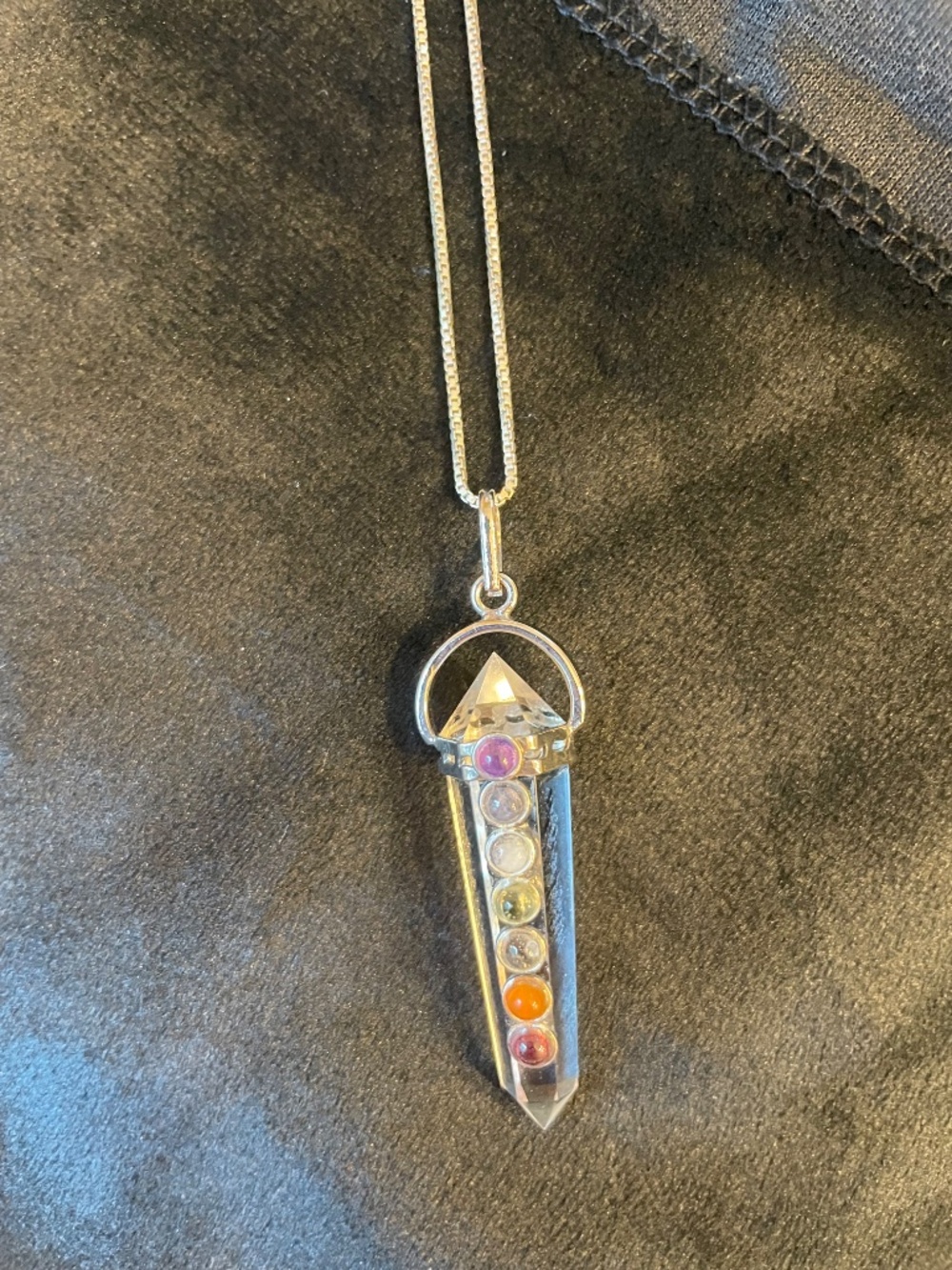 7 Chakra Quartz Crystal Double Terminated Pendant on 17.5" sterling silver chain